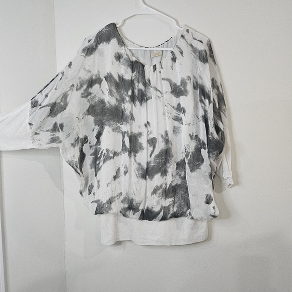 Giusy Tops - Giusy Flowy Grey White Tie-Dyeish Drop Shoulder Dolman Sleeve Silk Blouse Top L